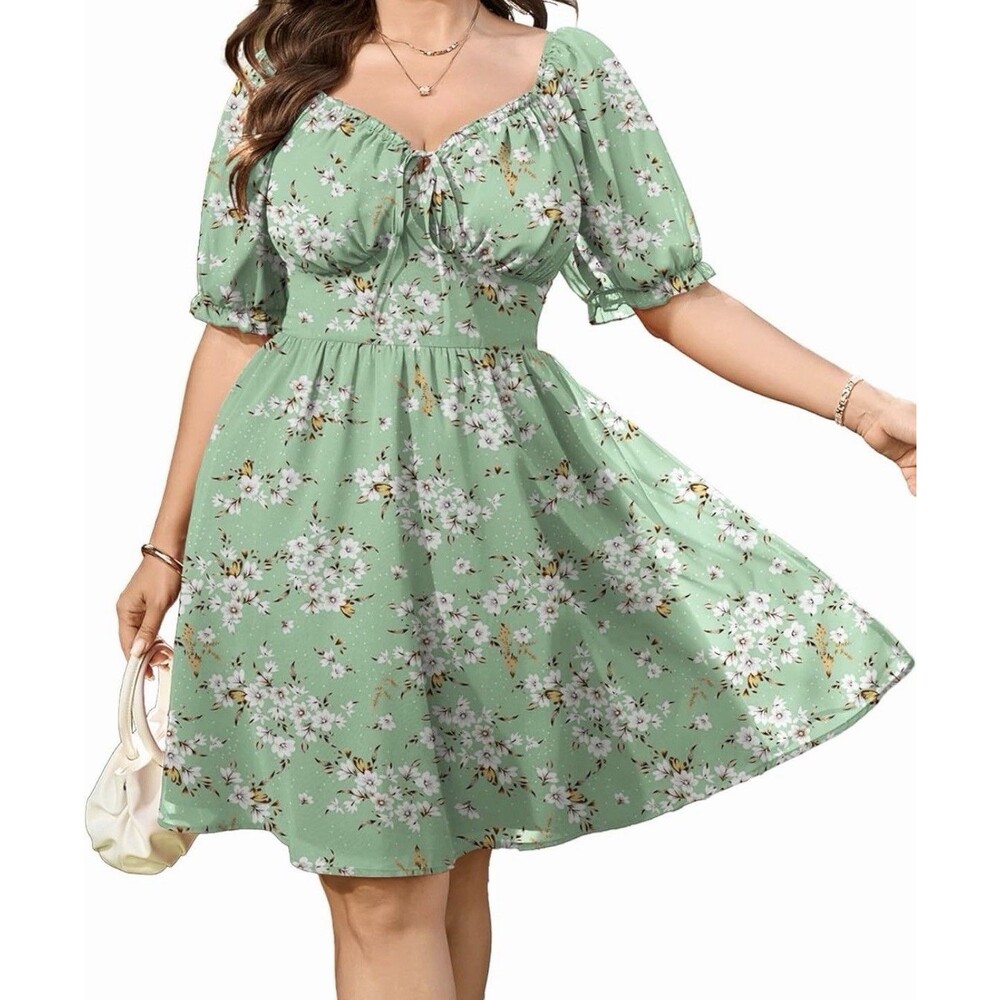 Scomchic Summer Floral Dress Womens XL Plus Green Chiffon Short Sundress NEW
